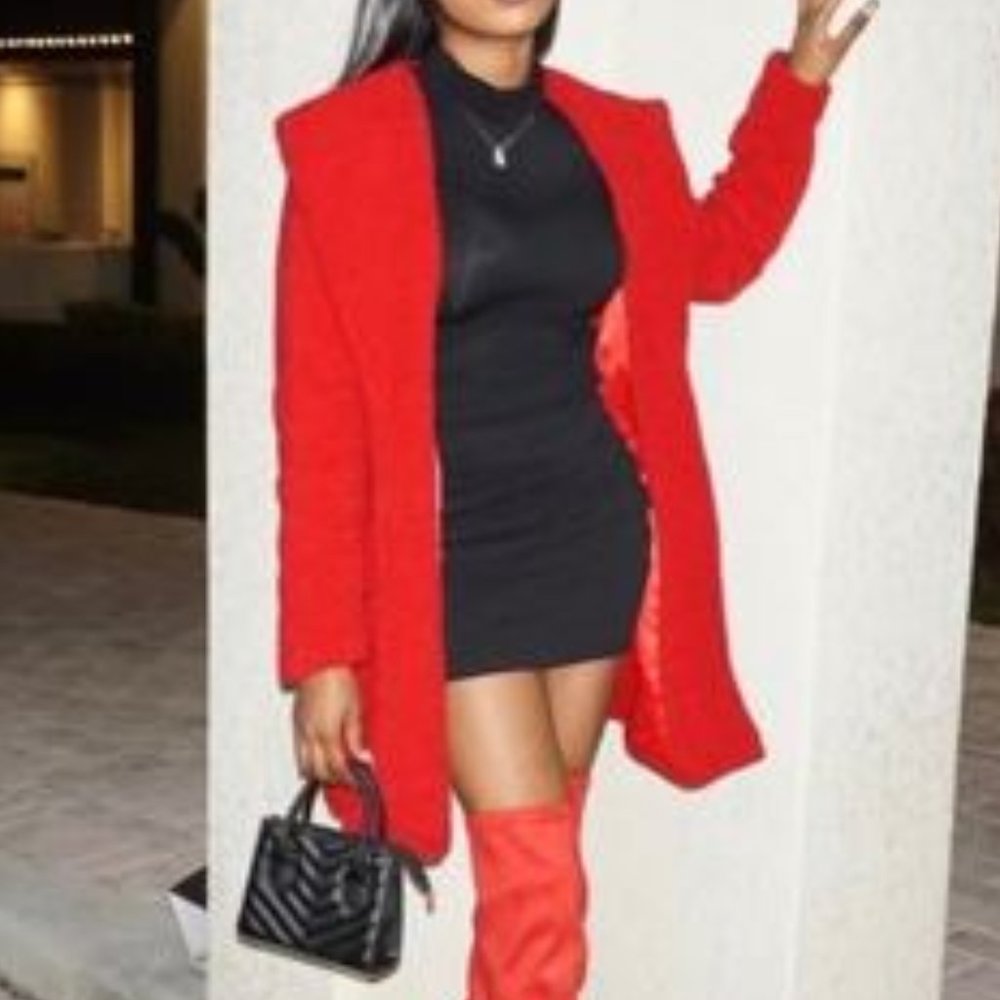 Red Faux fur teddy pea coat contemporary - Picture 9 of 10
